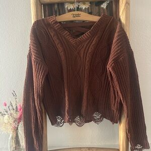 Derek Heart Brown V-Neck Cropped Sweater